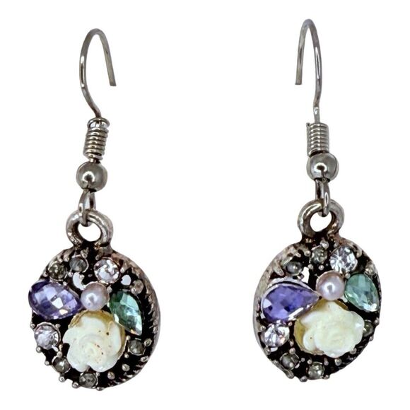 Silver Tone Rhinestone Flower Dangle Earrings 1" - Picture 1 of 10